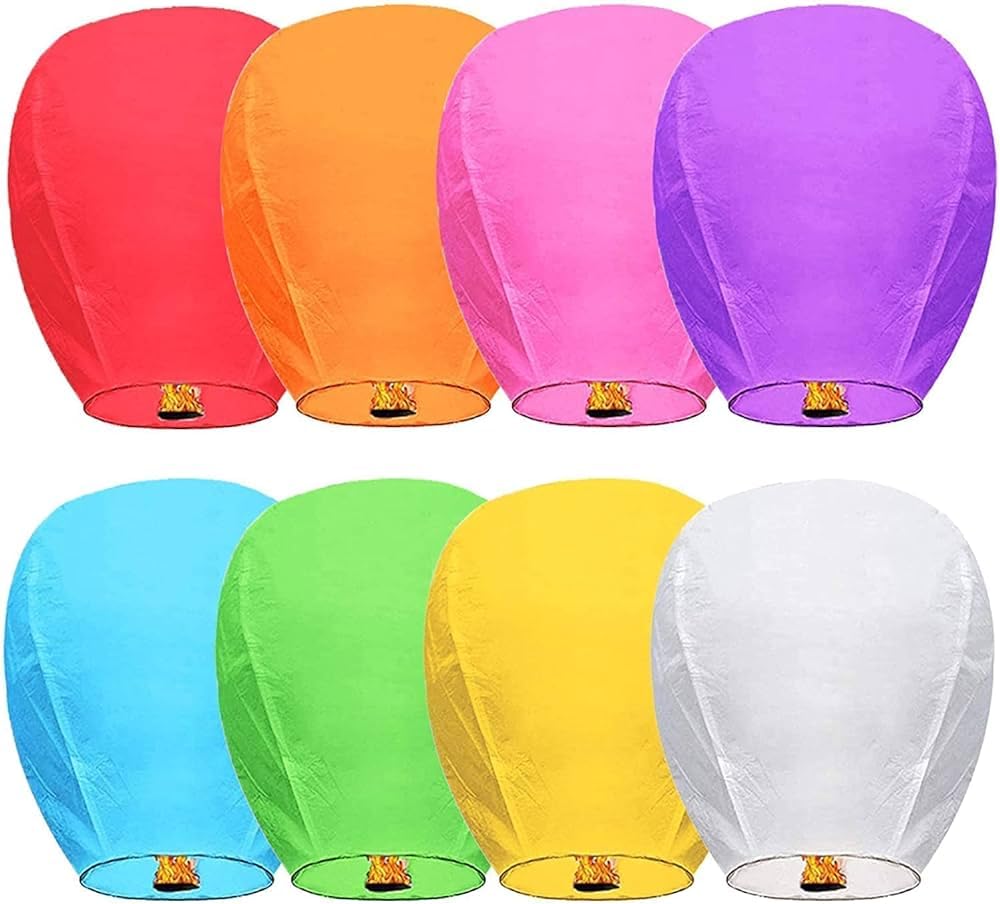 TOYXE Paper Flying Sky Lantern Hot Air Balloon with Fuel Wax Candle (Assorted Colour) - Pack of 12 Pcs