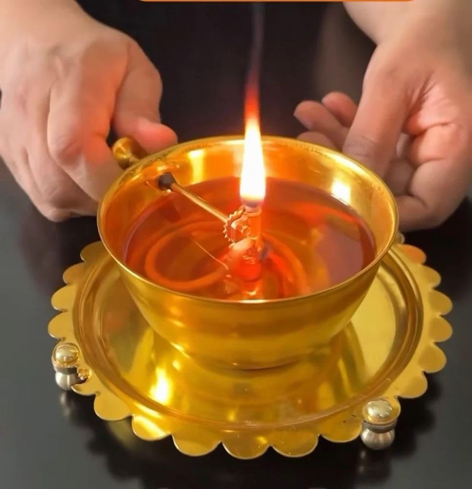 ZAREEN International Brass Akhand Diya with Adjustable Bati for Puja Decorative Brass & Glass Oil Lamp Lantern Diya with Glass Cover for Prayers Home Decor and Diwali Festive Gifts. (Small)