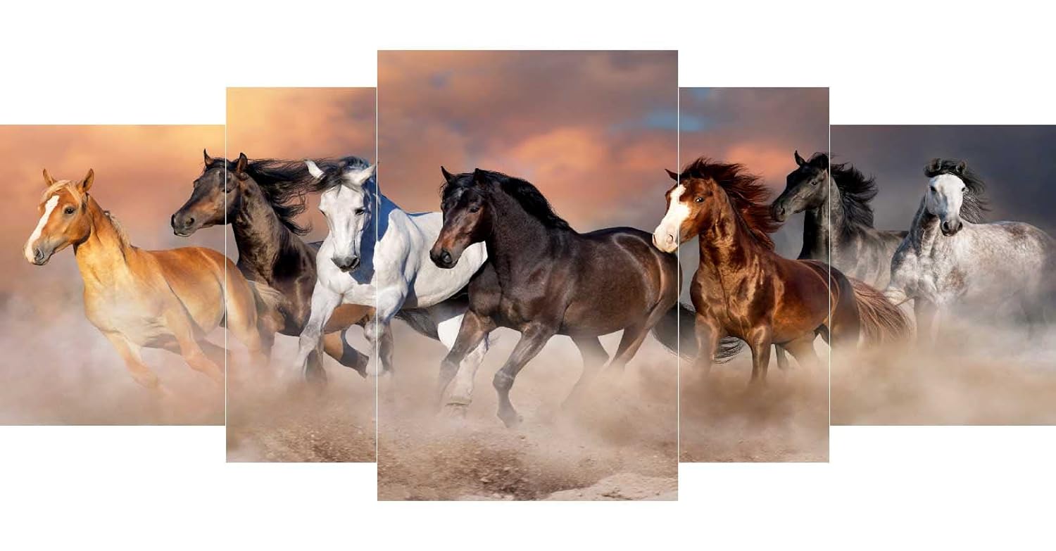 SAF SANFPNL31210 Seven Running Horses UV Textured with MDF Panel Painting (Set of 5, 18" x 42", Multicolor)