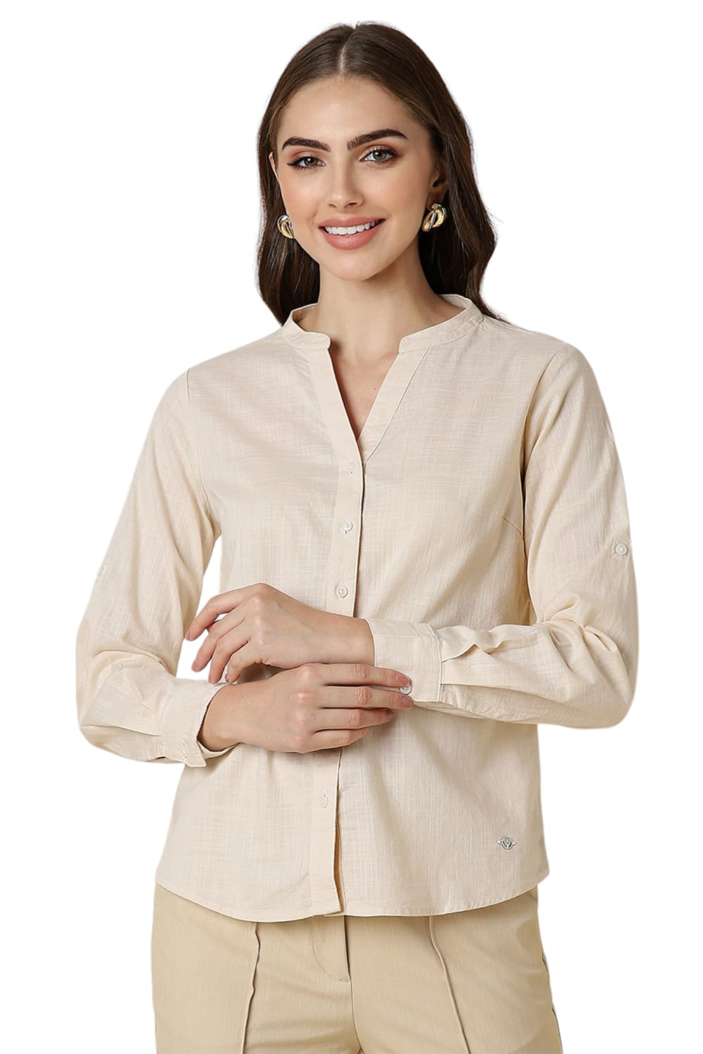 Allen Solly Women's Cotton Beige Plain Full Sleeve Casual Shirt