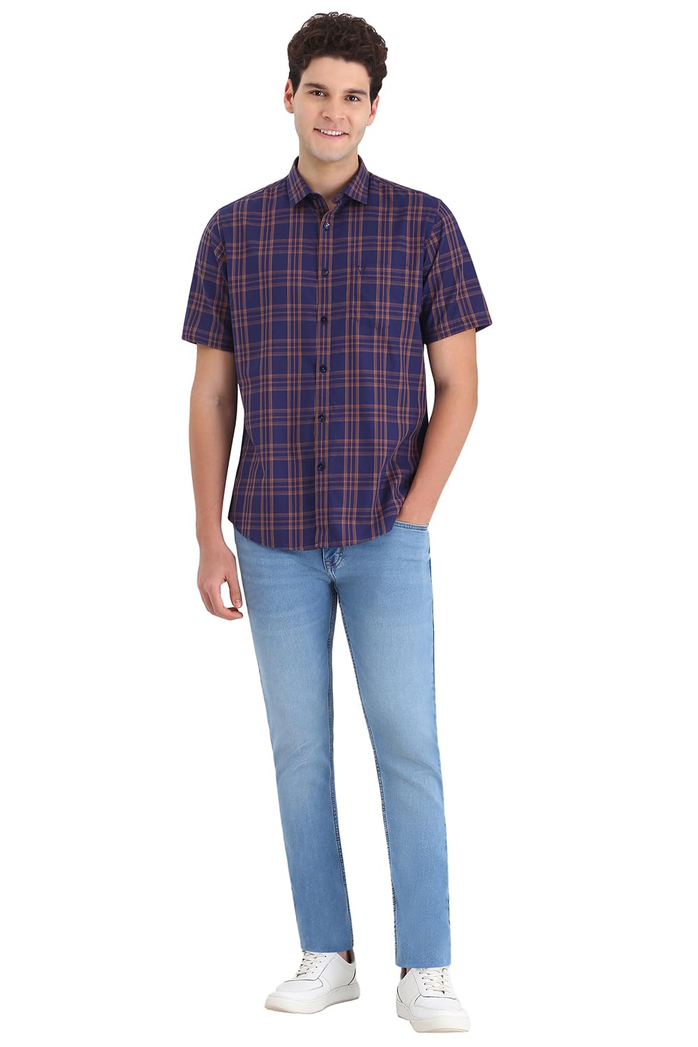 Allen Solly Men Navy Slim Fit Check Half Sleeves Casual Shirts