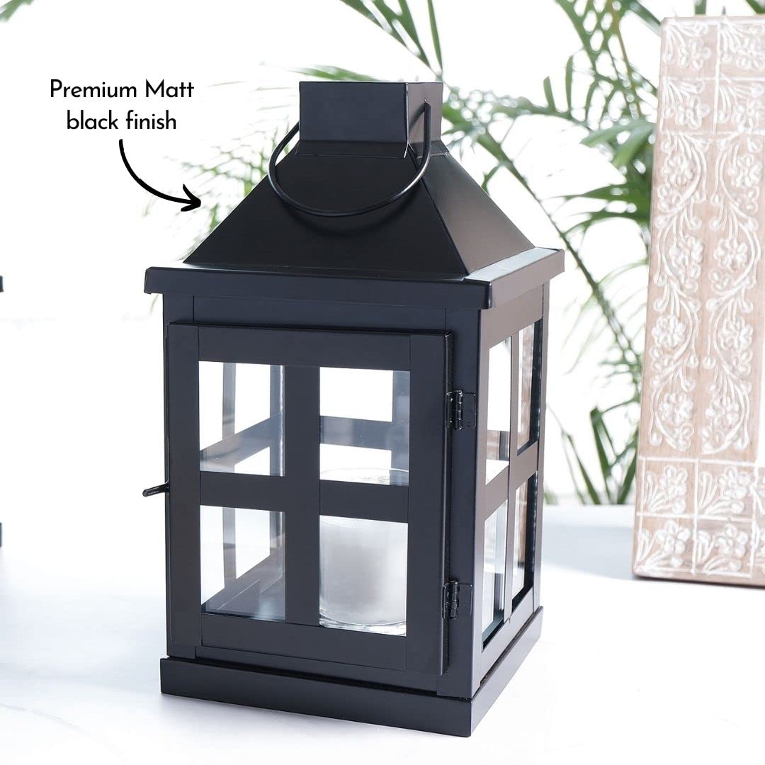 Behoma Vintage Style Metal & Clear Glass Lantern, 9.4 inch Matte Black Tea Light Candle Holder for Diwali Décor, Table-top and Wall-Hanging Indoor and Outdoor (Candle/Lights NOT Included)
