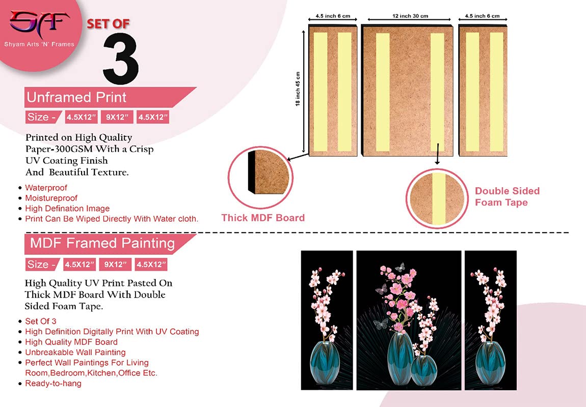 SAF paintings Set of 3 Flower UV Tectured Multi Effect 6 MM MDF Framed Decorated Gift Item 12 Inch x 18 Inch Paintings SANFJM32429