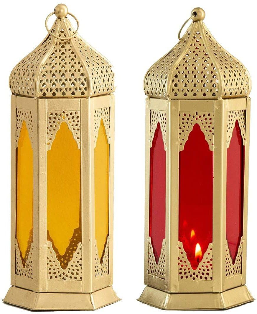 Winscraft Moroccan Style Metal Tealight Lantern with Multi-Colour Glass Panels, Hanging Candle Holder for Home & Garden Decor, Moraccan Lamp for Living Room, Bedroom, Diwali & Gifts (Red & Yellow)