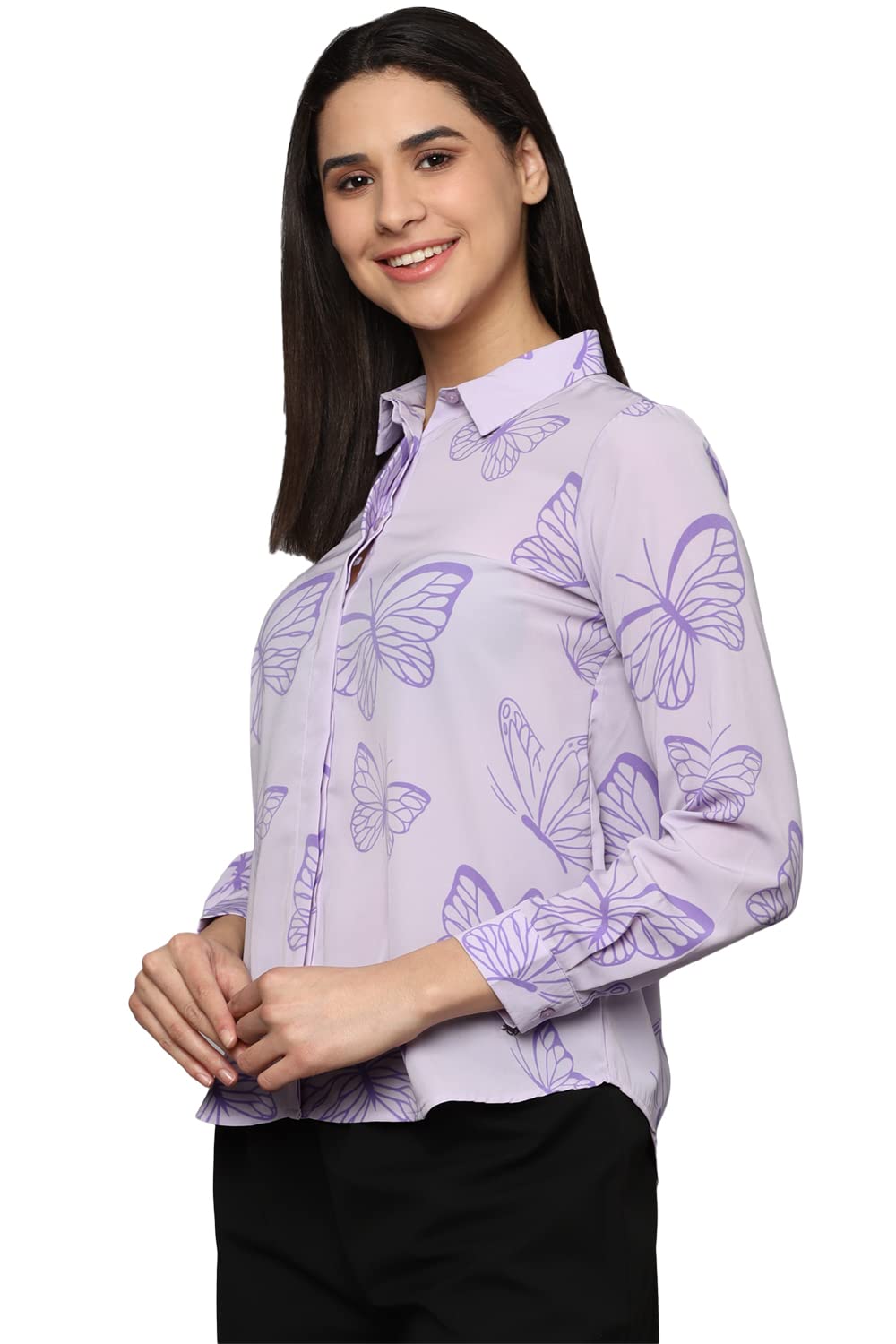 Allen Solly Women's Polyester LILAC Printed Long Sleeve Casual Shirt
