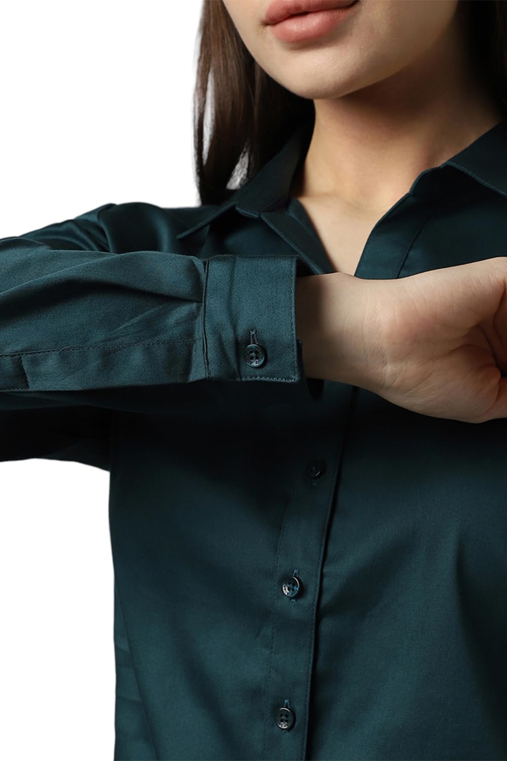 Allen Solly Women's Dark Green Plain Long Sleeve Formal Shirt