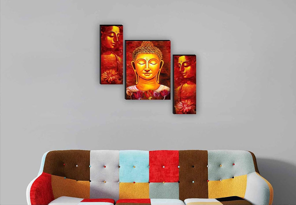 SAF paintings Set of 3 Buddha Paintings for living room with frame Self Adeshive UV Textured MDF Framed Painting 12 Inch X 18 Inch SAF-JM7707