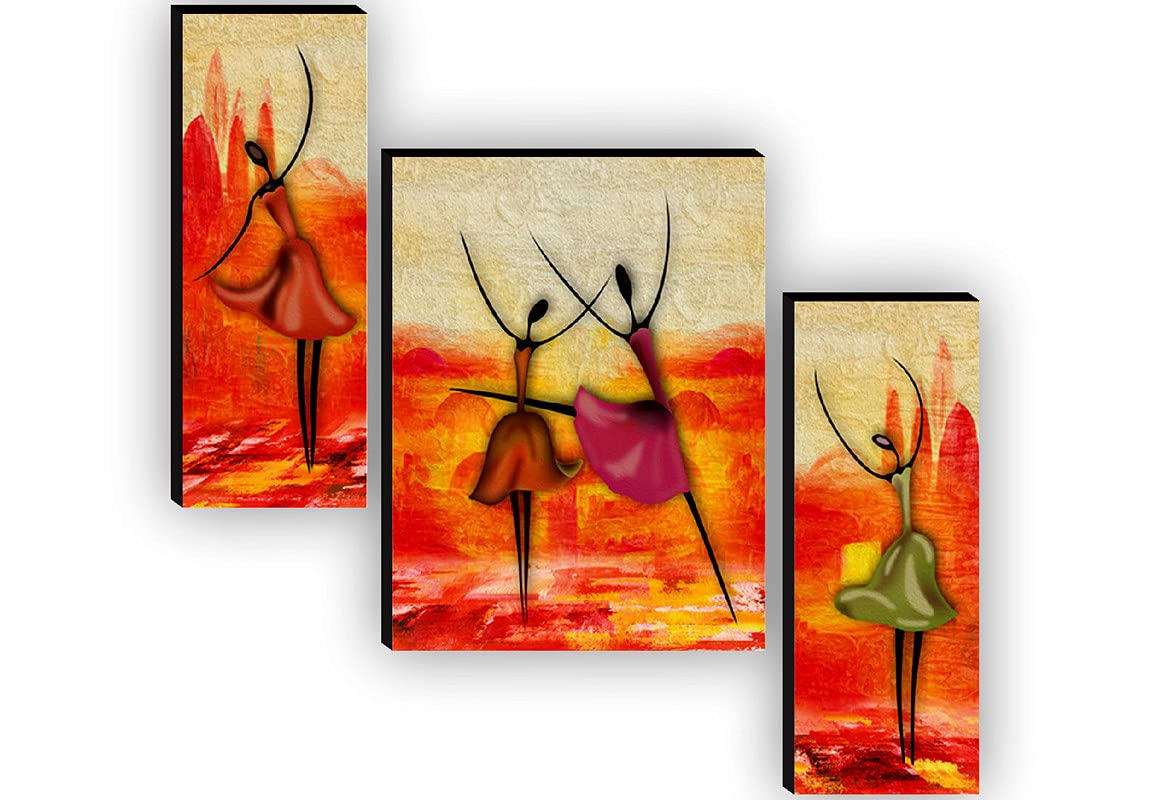 SAF paintings Set of 3 Dancing African Ladies Modren Art UV Textured Paintings for living room with frame 12 Inch X 18 Inch SAF-JMS6514