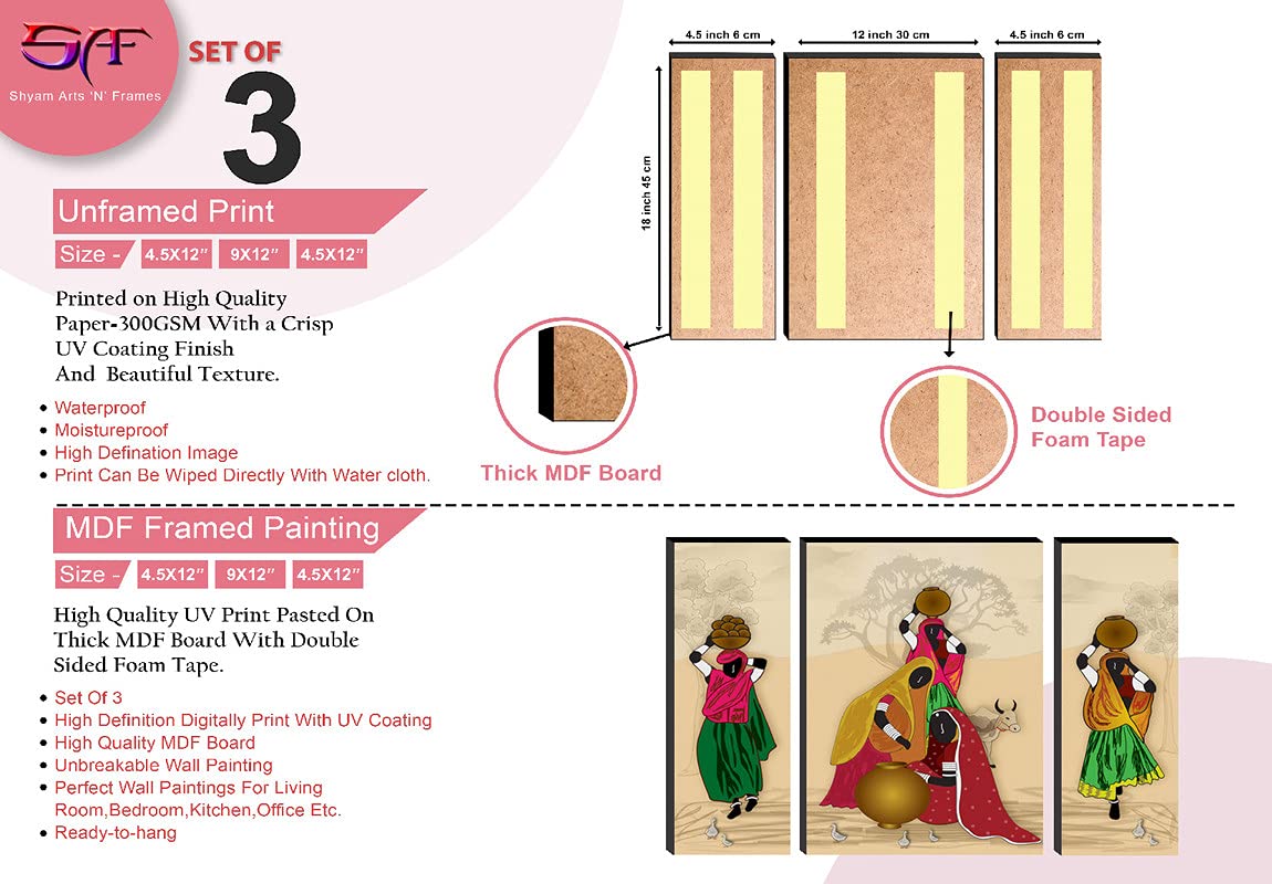 SAF Set of 3 Rajasthani Village Ladies Modren Art UV Textured Home Decorative Gift Item MDF Painting 12 Inch X 18 Inch SAF-JMS6727(color2,Religious;Figures;Floral)