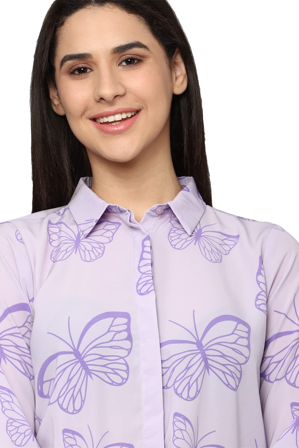 Allen Solly Women's Polyester LILAC Printed Long Sleeve Casual Shirt