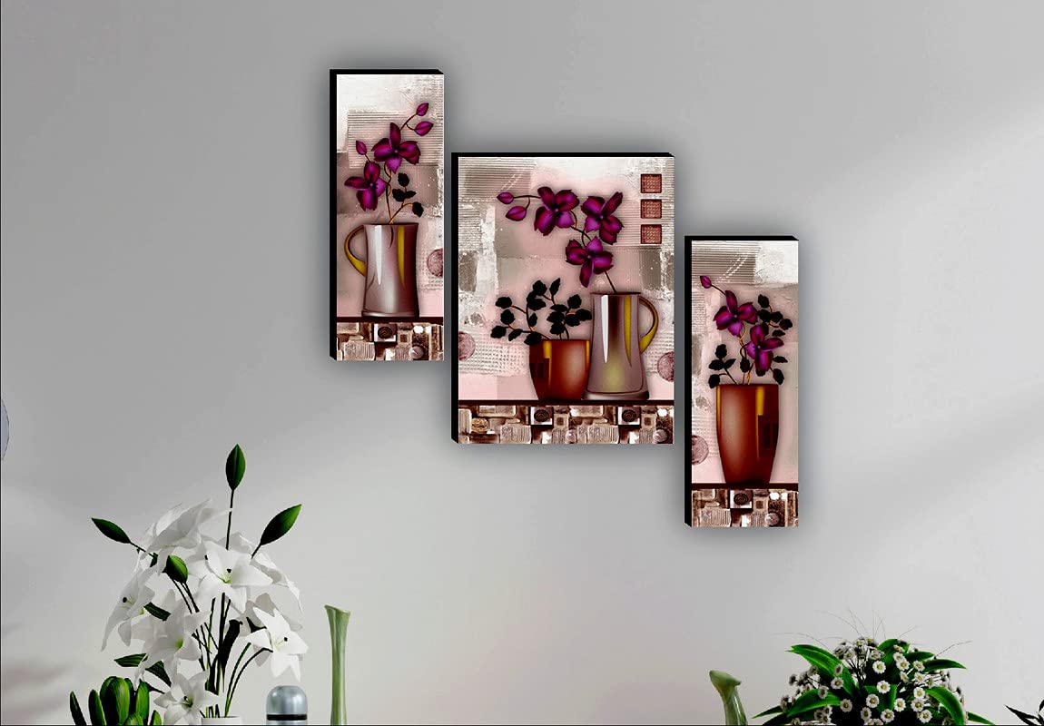 SAF paintings Set of 3 Preety Purple Flower Pot UV Textured Paintings for living room with frame 12 Inch X 18 Inch SAF-JMS6494