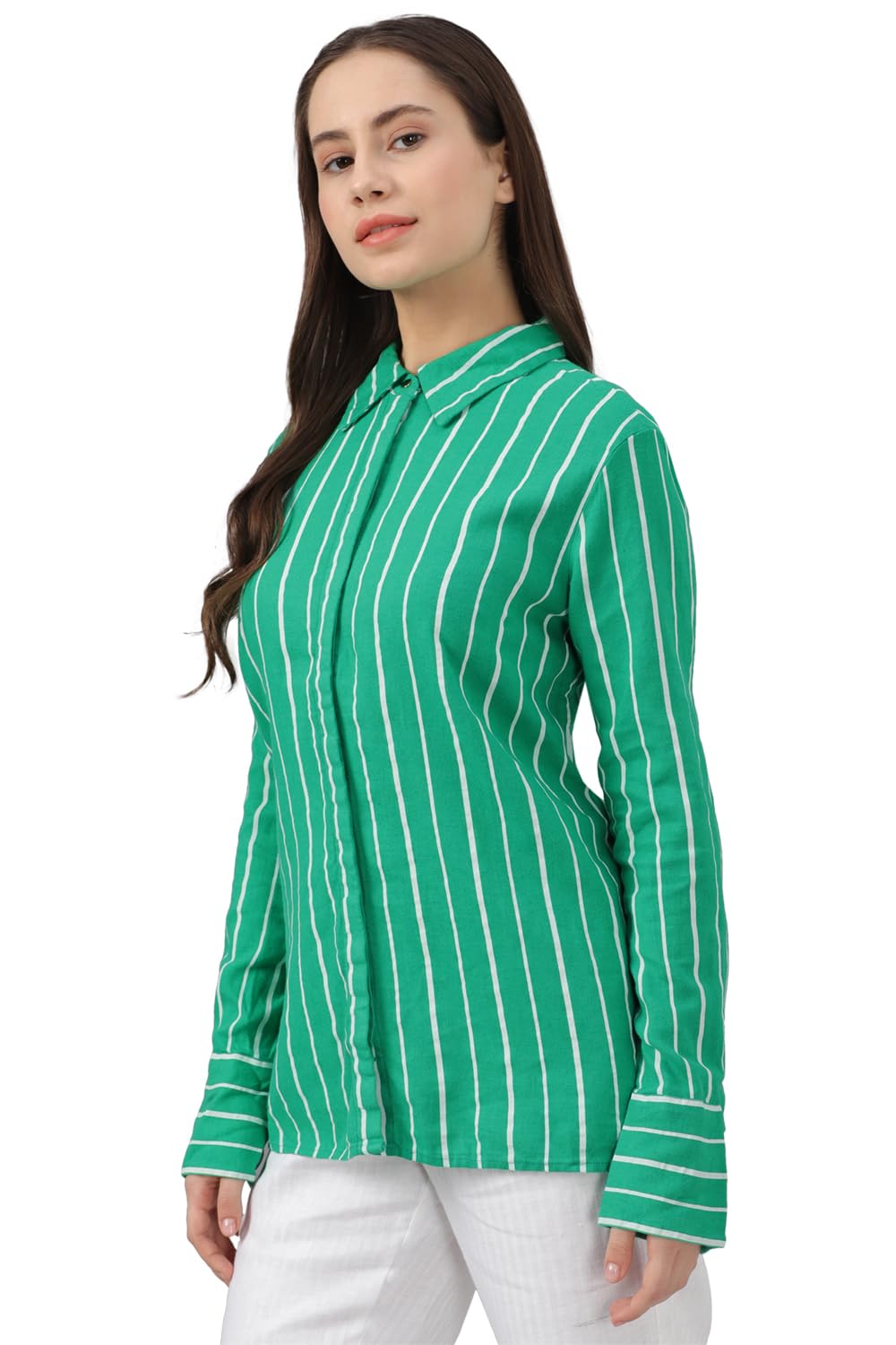 Allen Solly Women's Green Striped Long Sleeve Casual Shirt