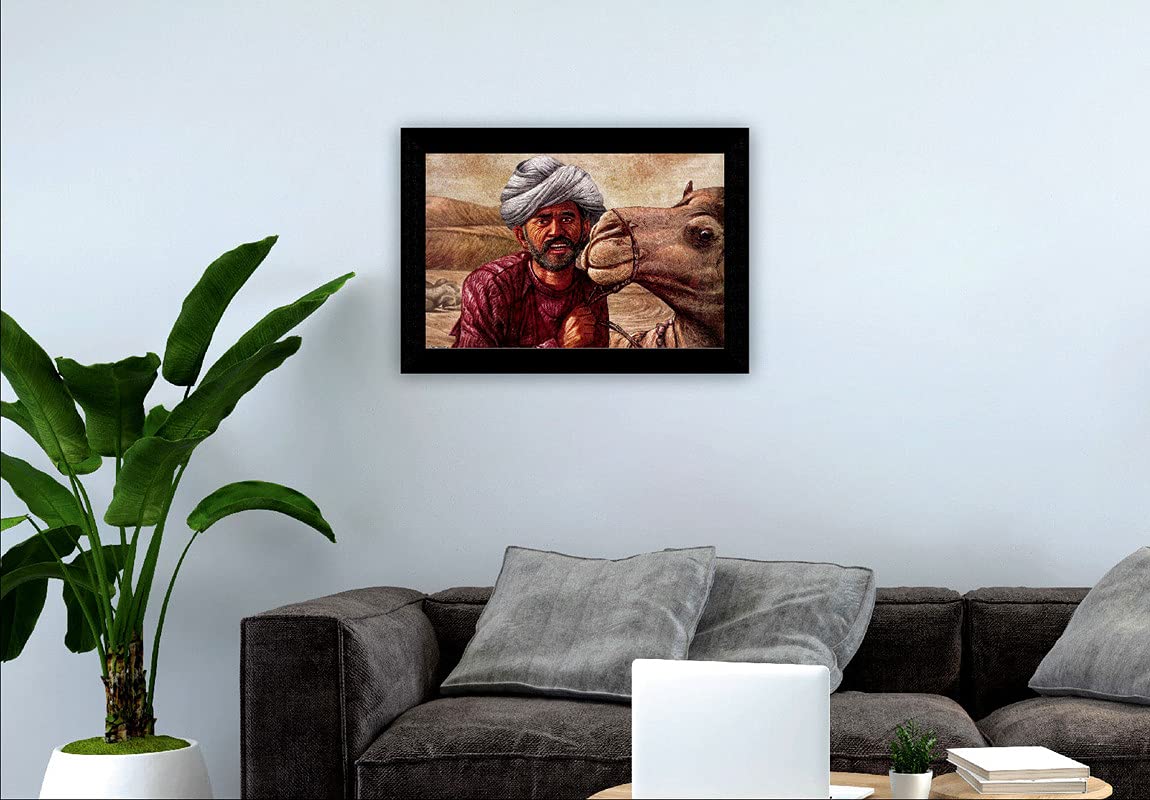 SAF paintings Rajasthani village man with camel UV Textured Synthetic Frame Painting SAFK155