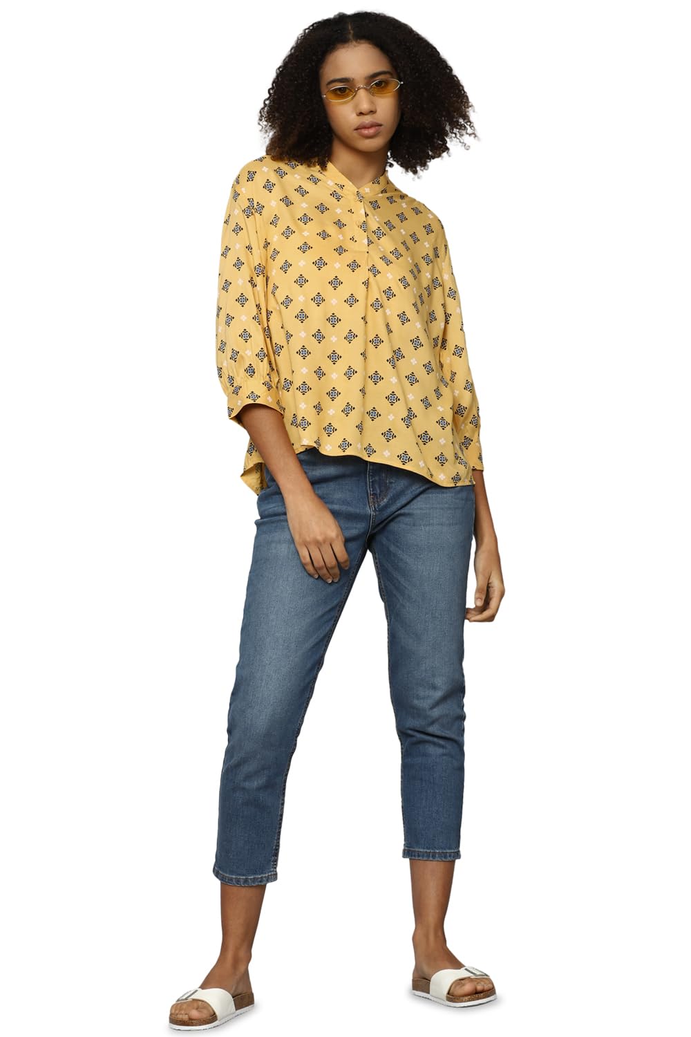 Allen Solly Women's Yellow Printed 3/4 Sleeve Casual Shirt
