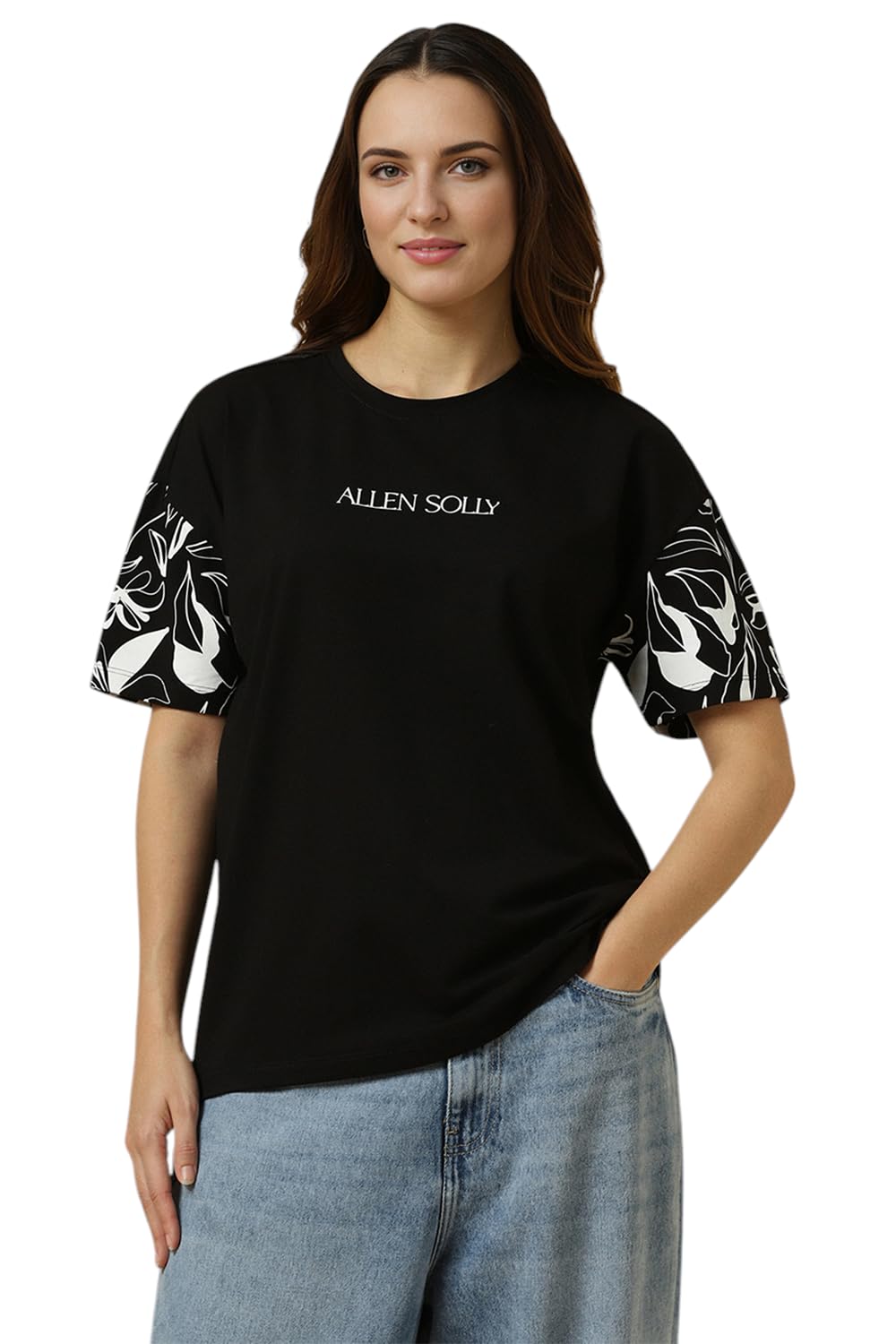 Allen Solly Women's Black Printed Half Sleeve T-Shirt
