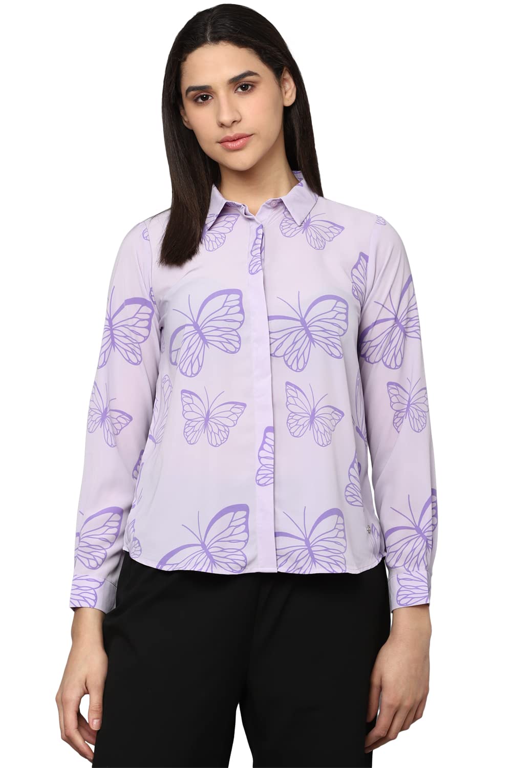 Allen Solly Women's Polyester LILAC Printed Long Sleeve Casual Shirt