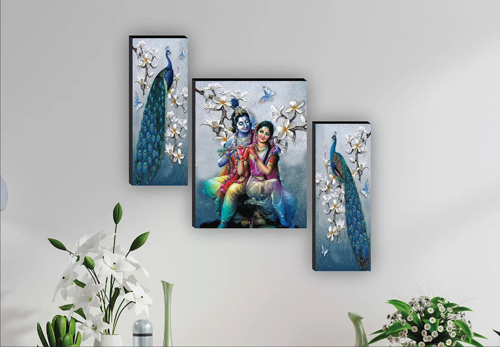 SAF paintings Set of 3 Radha Krishna with couple peacock wall painting home décor items paintings for living room with frame wall décor painting 12 inch X 18 inch SAF-JM31078