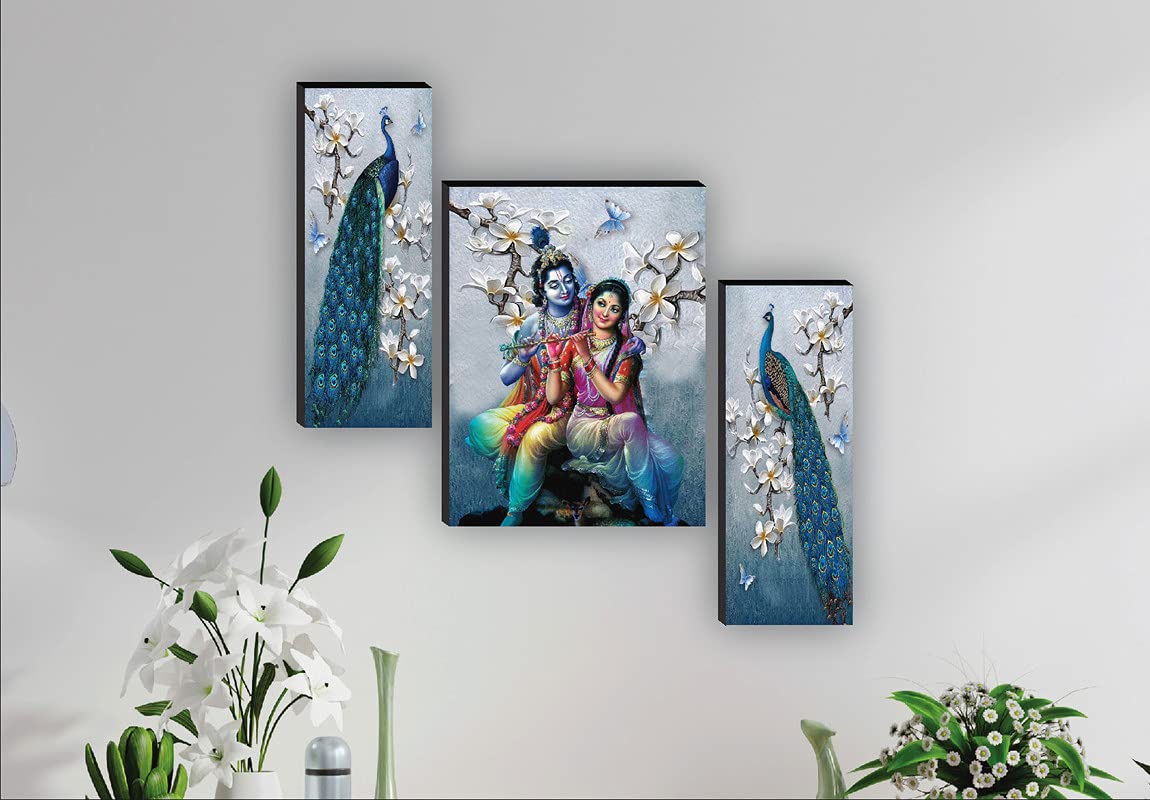 SAF paintings Set of 3 Radha Krishna with couple peacock wall painting home décor items paintings for living room with frame wall décor painting 12 inch X 18 inch SAF-JM31078