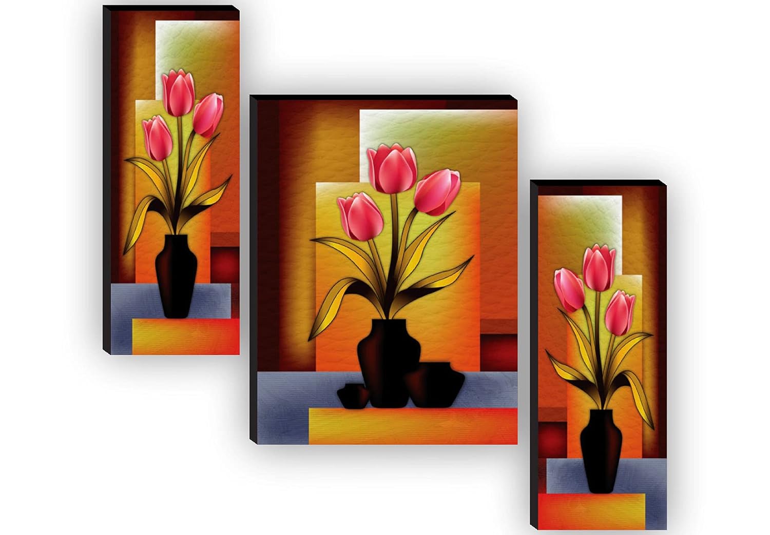 SAF paintings Set of 3 Flower Pot UV textured Paintings for living room with frame Painting 12 Inch X 18 Inch SAF-JMS59