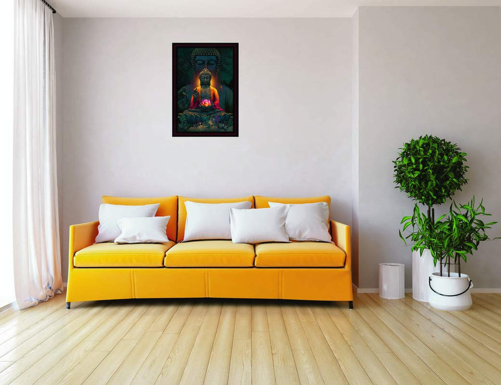 SAF Buddha UV Coated with Unbreakable Glass Framed Painting 20 Inch X 14 Inch (SANFM30002A) SANFM30002A