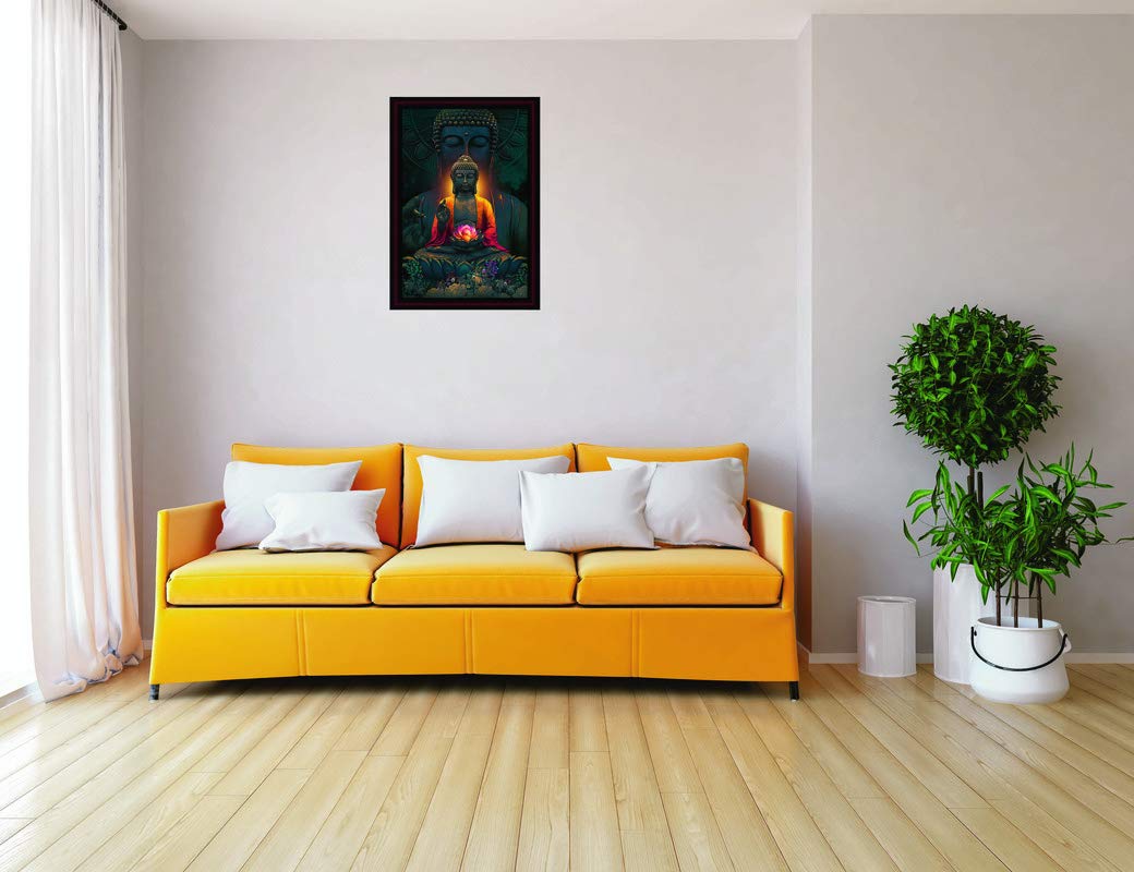 SAF Buddha UV Coated with Unbreakable Glass Framed Painting 20 Inch X 14 Inch (SANFM30002A) SANFM30002A