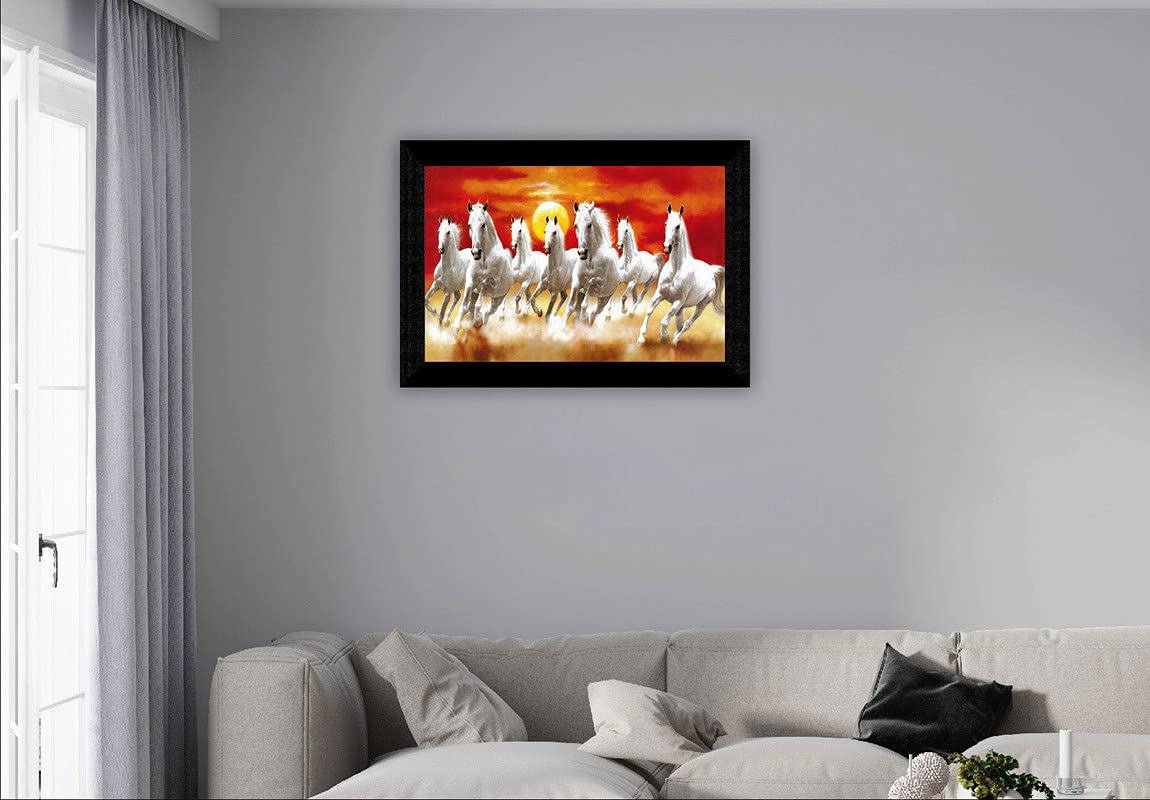 SAF 7 Running Horses with Sunrise UV Teatured Digital Reprint Framed Painting (11 inch X 14 inch multicolor,Animal,Figures) SANFK53
