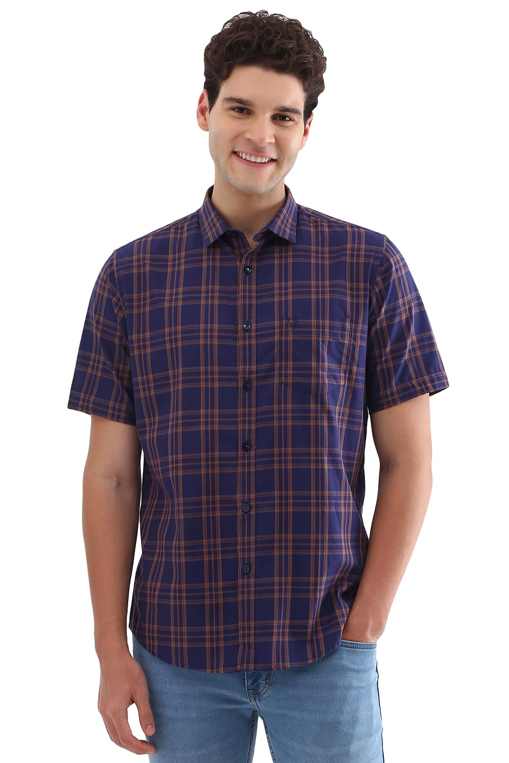 Allen Solly Men Navy Slim Fit Check Half Sleeves Casual Shirts