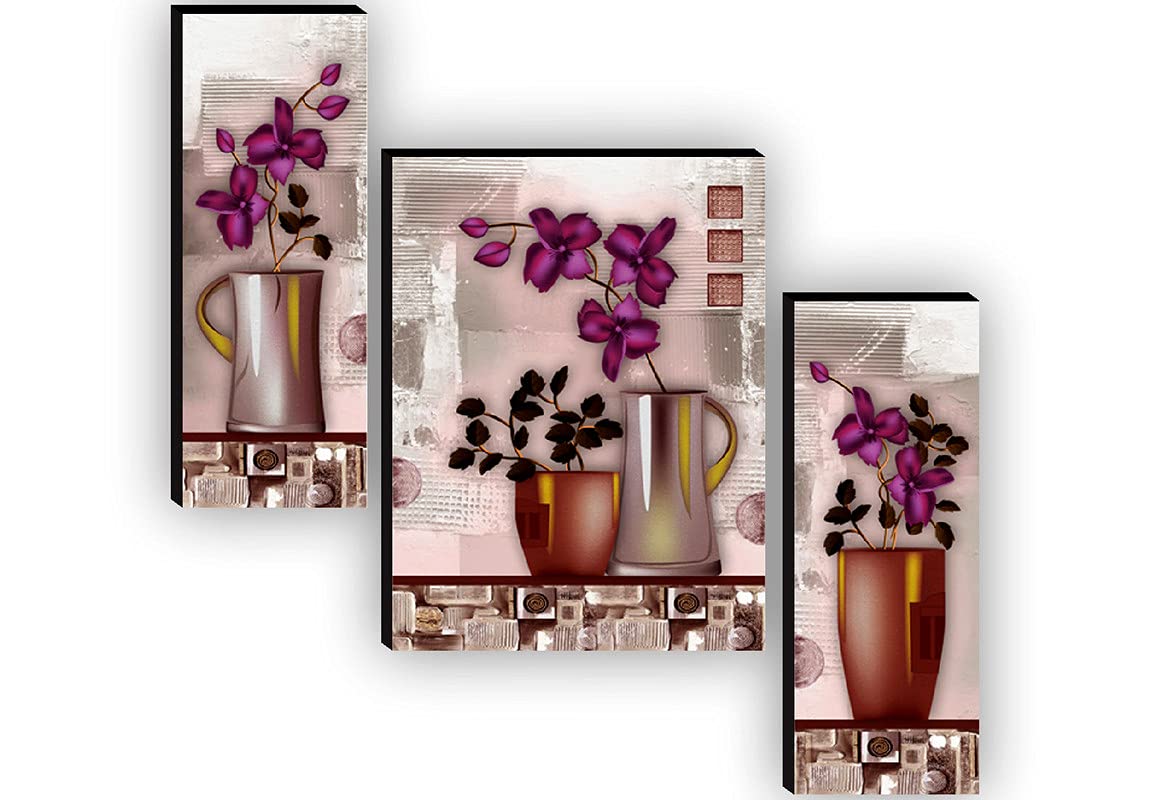 SAF paintings Set of 3 Preety Purple Flower Pot UV Textured Paintings for living room with frame 12 Inch X 18 Inch SAF-JMS6494