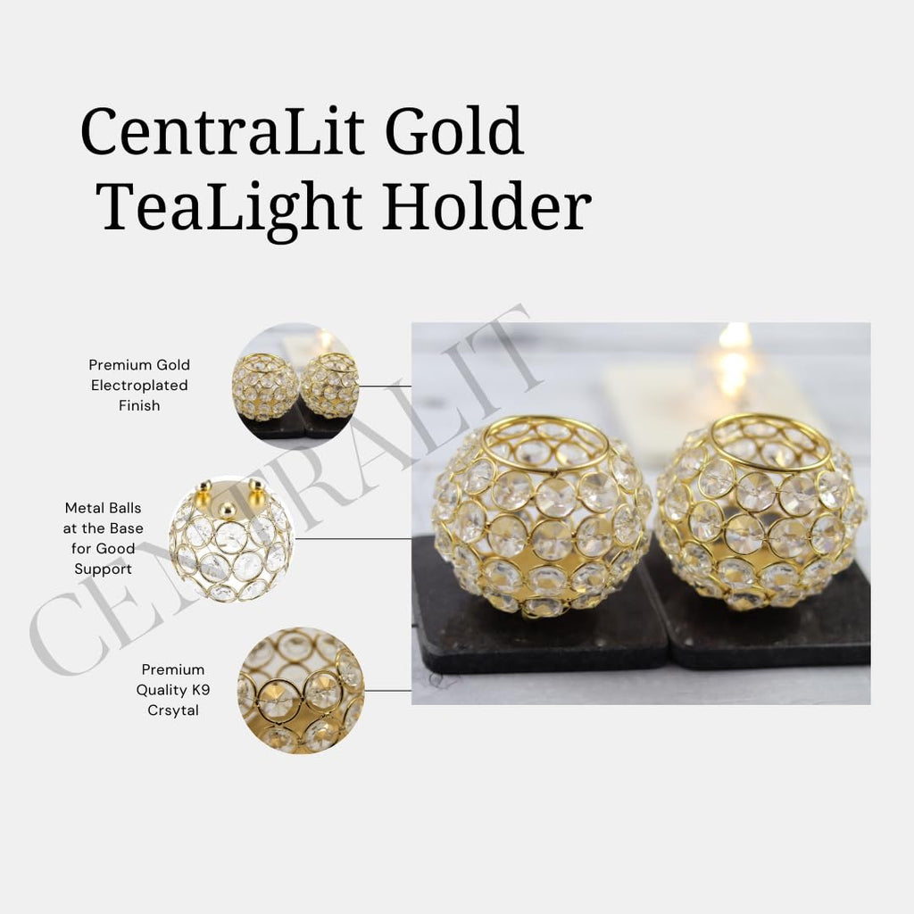 CentraLit Decoartive Tea Light Crsytal Candle Holder - Pooja Diya Decoration Items Home Diwali Brass Puja Item - Diwali Gift Lantern (Pack of 2)