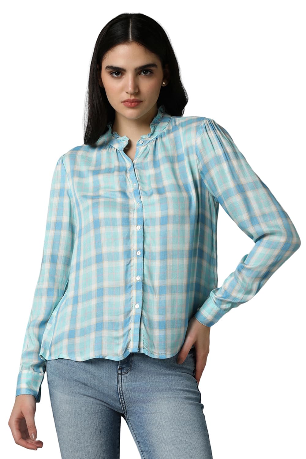 Allen Solly Women's Blue Checkered Full Sleeve Casual Shirt