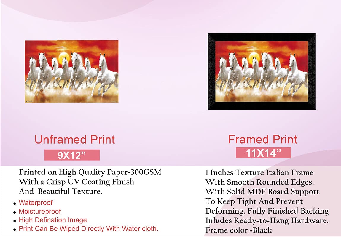 SAF 7 Running Horses with Sunrise UV Teatured Digital Reprint Framed Painting (11 inch X 14 inch multicolor,Animal,Figures) SANFK53