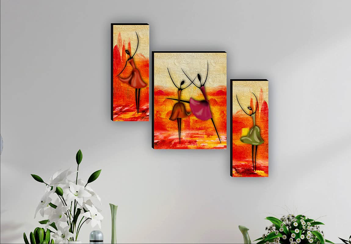 SAF paintings Set of 3 Dancing African Ladies Modren Art UV Textured Paintings for living room with frame 12 Inch X 18 Inch SAF-JMS6514