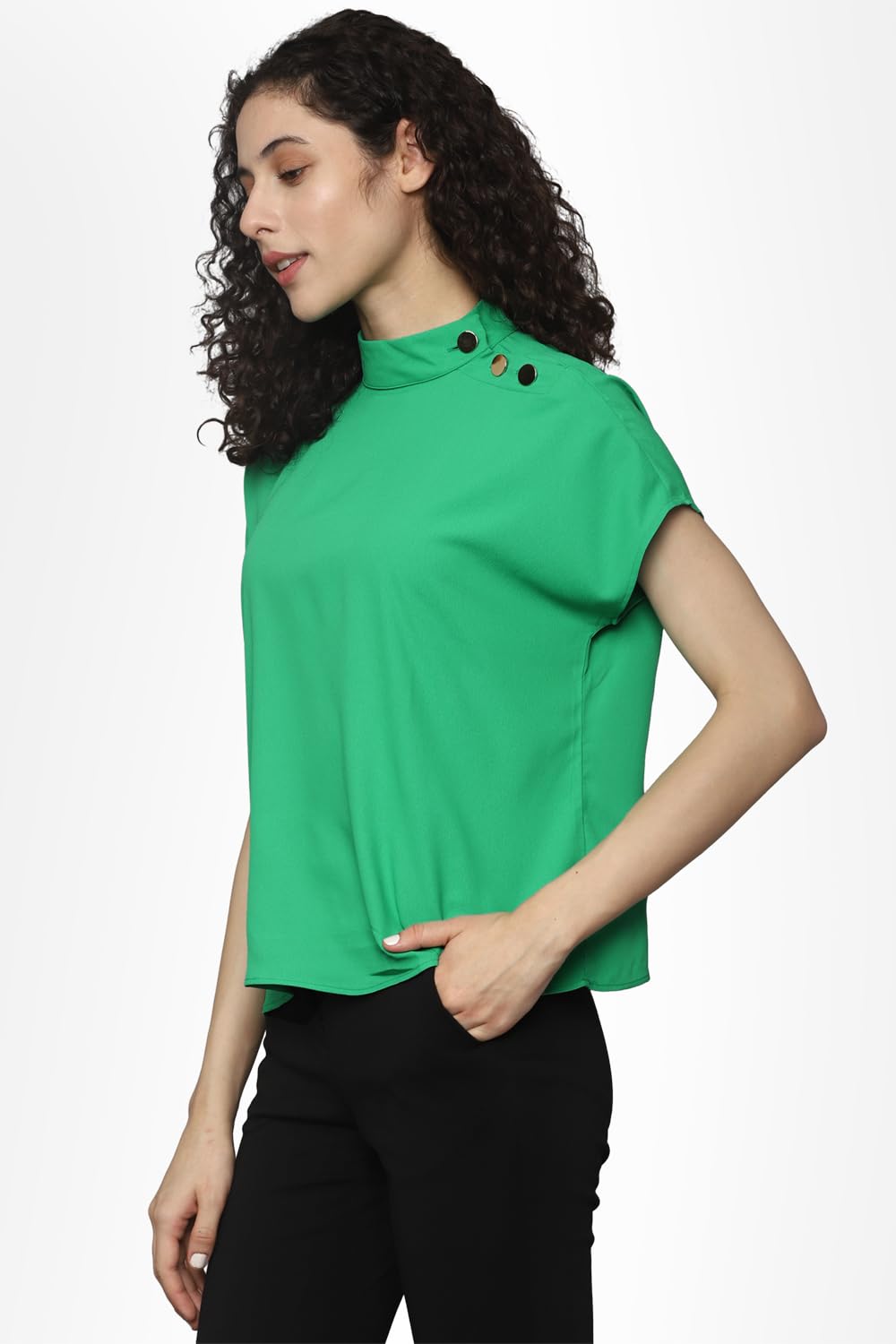 Allen Solly Women's Polyester Green Plain Short Sleeve Casual Shirt