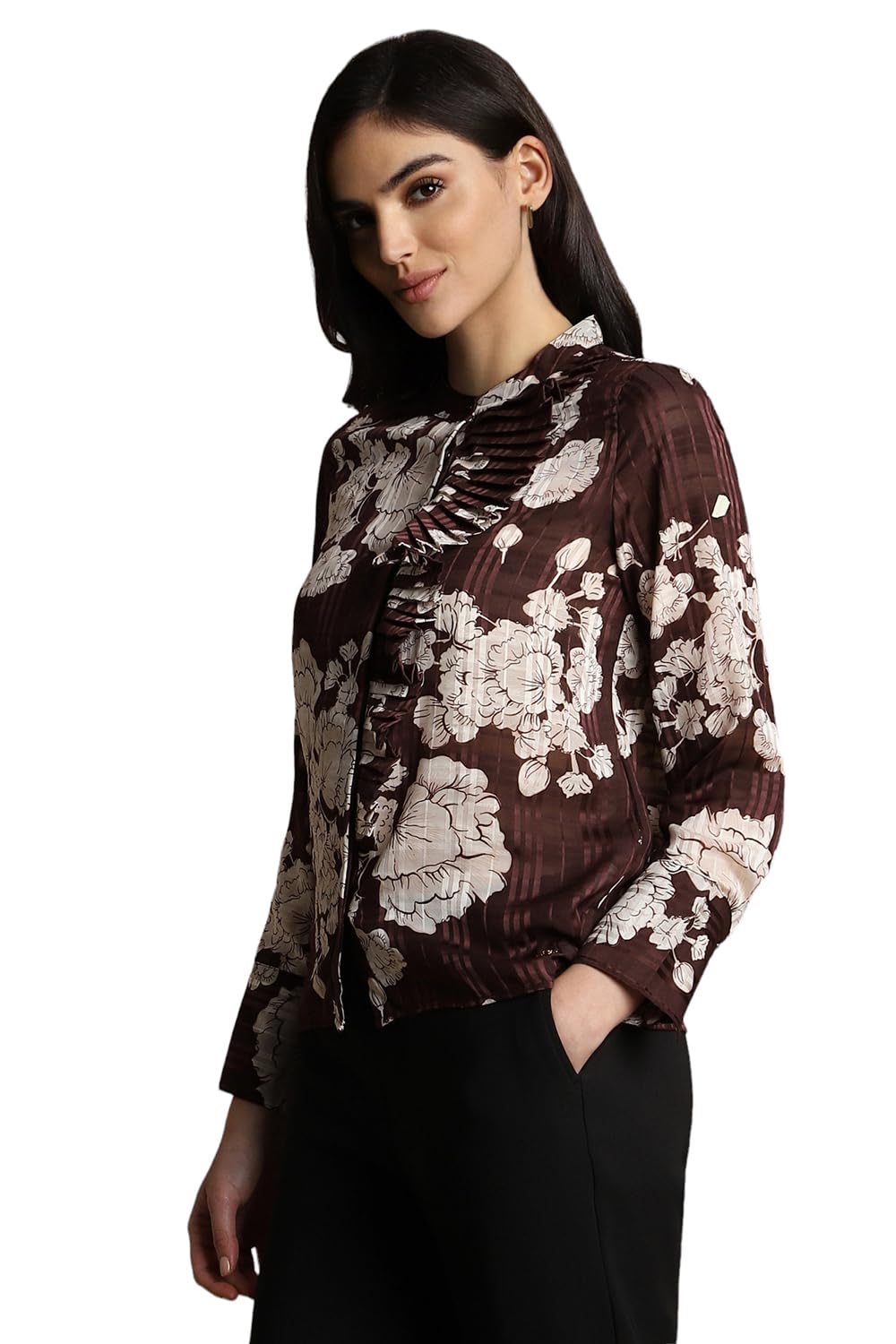 Allen Solly Women's Polyester Brown Printed Full Sleeve Casual Shirt