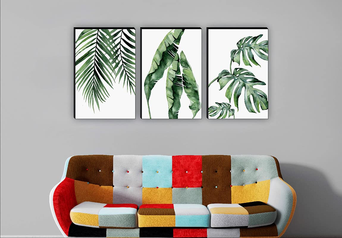 SAF paintings Set of 3 Preety Green Leaf Modern Art MDF Self Adhessive UV Textured Painting 27 Inch X 12 Inch(Each Painting Size 12 Inch X 9 Inch) PHC30197