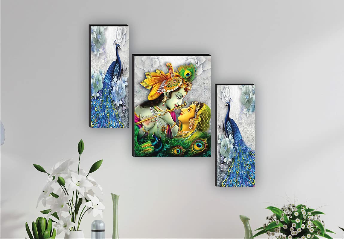 SAF paintings Religious 'Radha Krishna with Couple Peacock ' Abstract Wall Painting Frame - JM31084 (Multicolour, 12 inch X 18 inch, Standard) - Set of 3