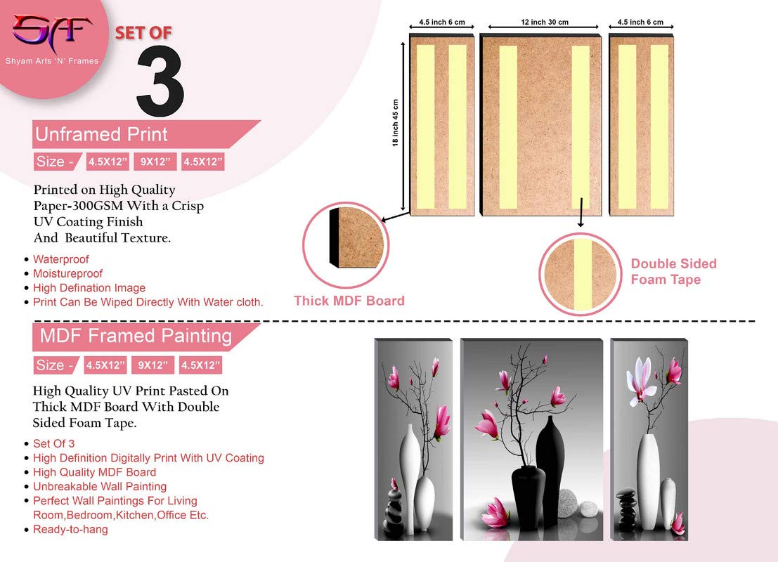 SAF SANFJM31370 MDF Board with UV Textured Beautiful Flower Pot Self Adhesive Wall Painting (Set of 3, 18" x 12", Multicolor)