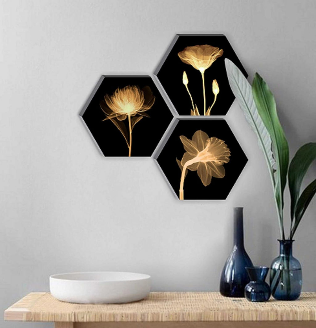 SAF paintings UV Textured Flower Designer 6MM MDF Hexagon Set of 3 Digital Reprint Painting (21 inches X 21 inches) SANFHX15