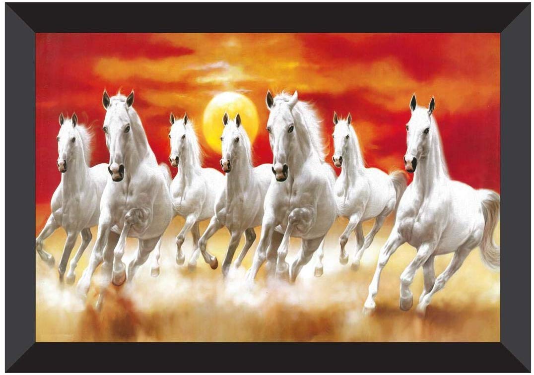SAF UV Textured 7 Running Horses Vastu Framed Painting (35 cm X 50 cm X 3 cm)(Animals )