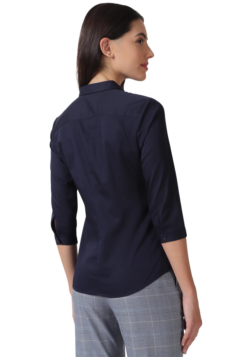 Allen Solly Women's Cotton Dark Blue Plain 3/4 Sleeve Formal Shirt