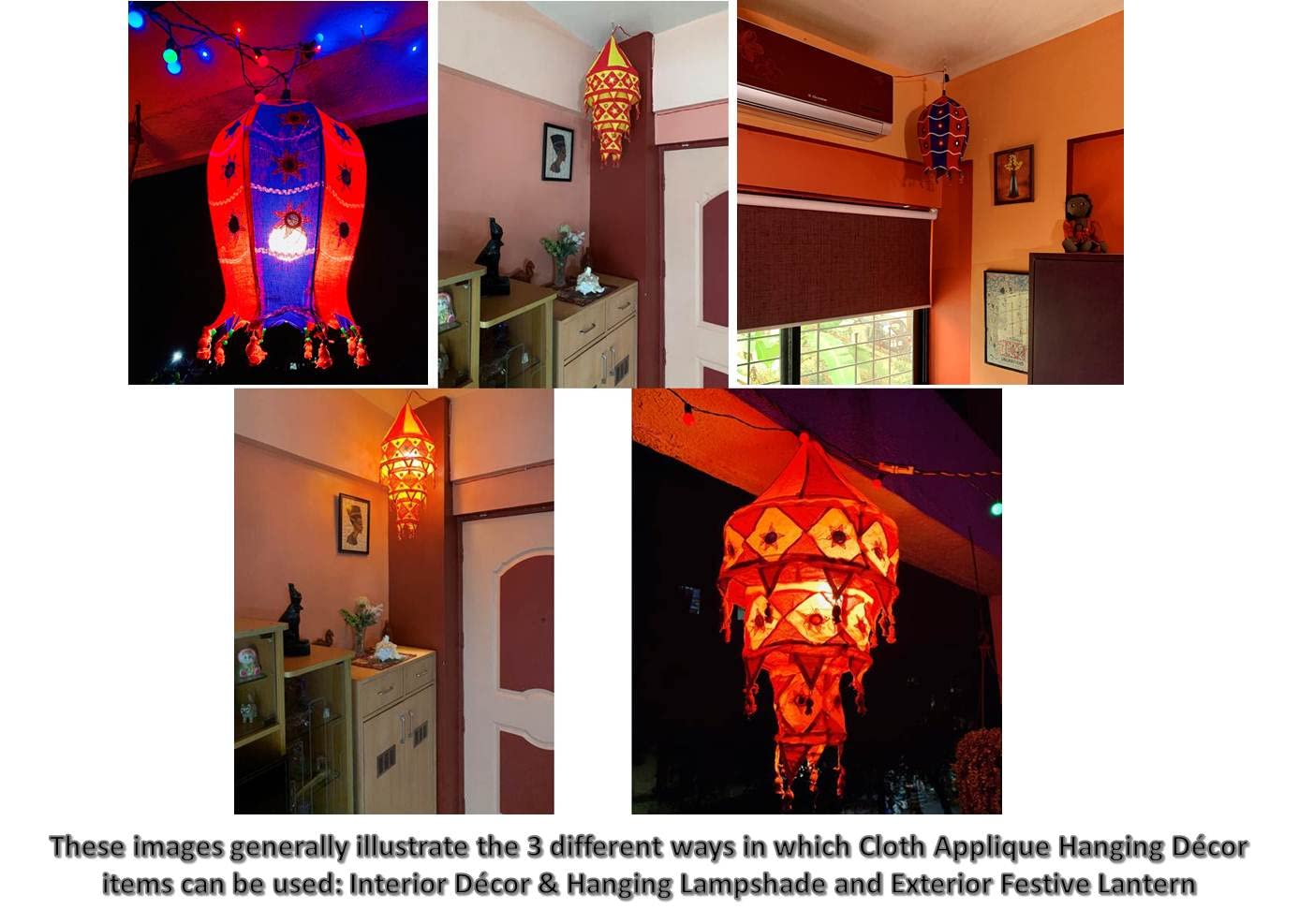 Cloth Applique Free Hanging Decor Item/Festive Lantern, Jhoomar Shape with 3-Steps, Compressible, from Pipli Odisha (Orange & Red)