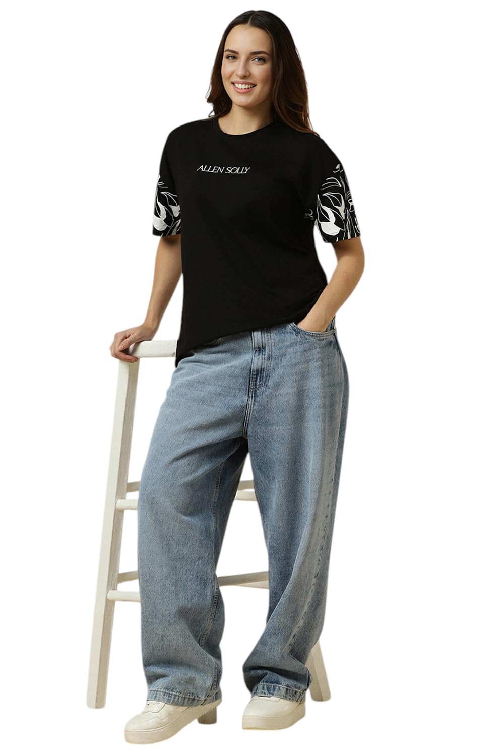 Allen Solly Women's Black Printed Half Sleeve T-Shirt