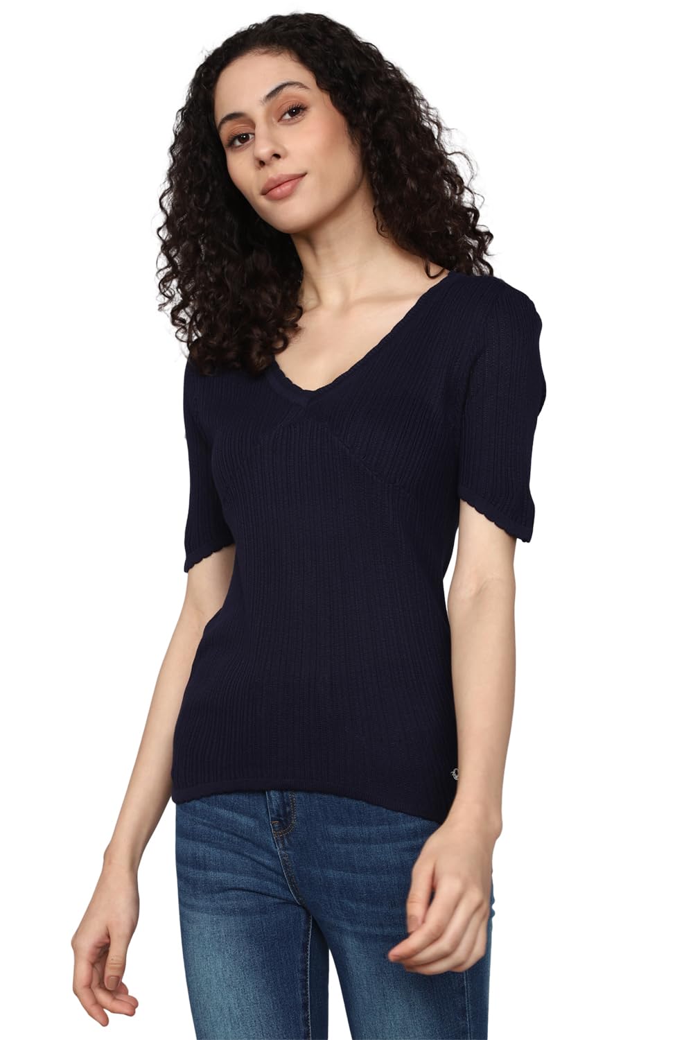 Allen Solly Women's Navy Plain Half Sleeve Casual Shirt