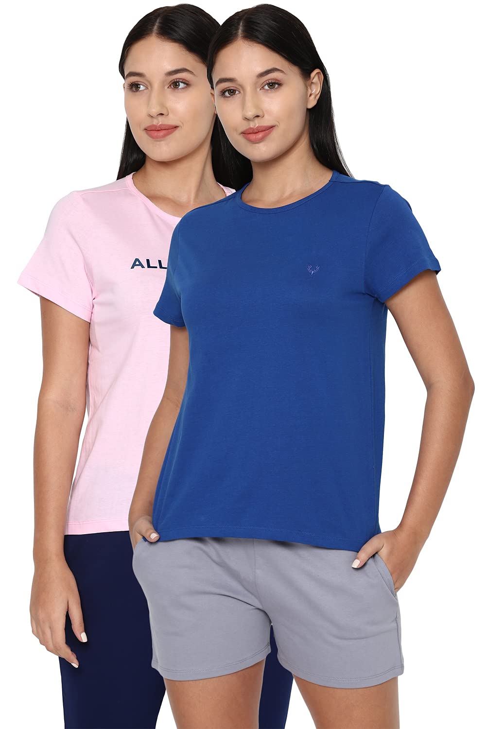 Allen Solly Women's Cotton Medium Blue Plain Short Sleeve T-Shirt