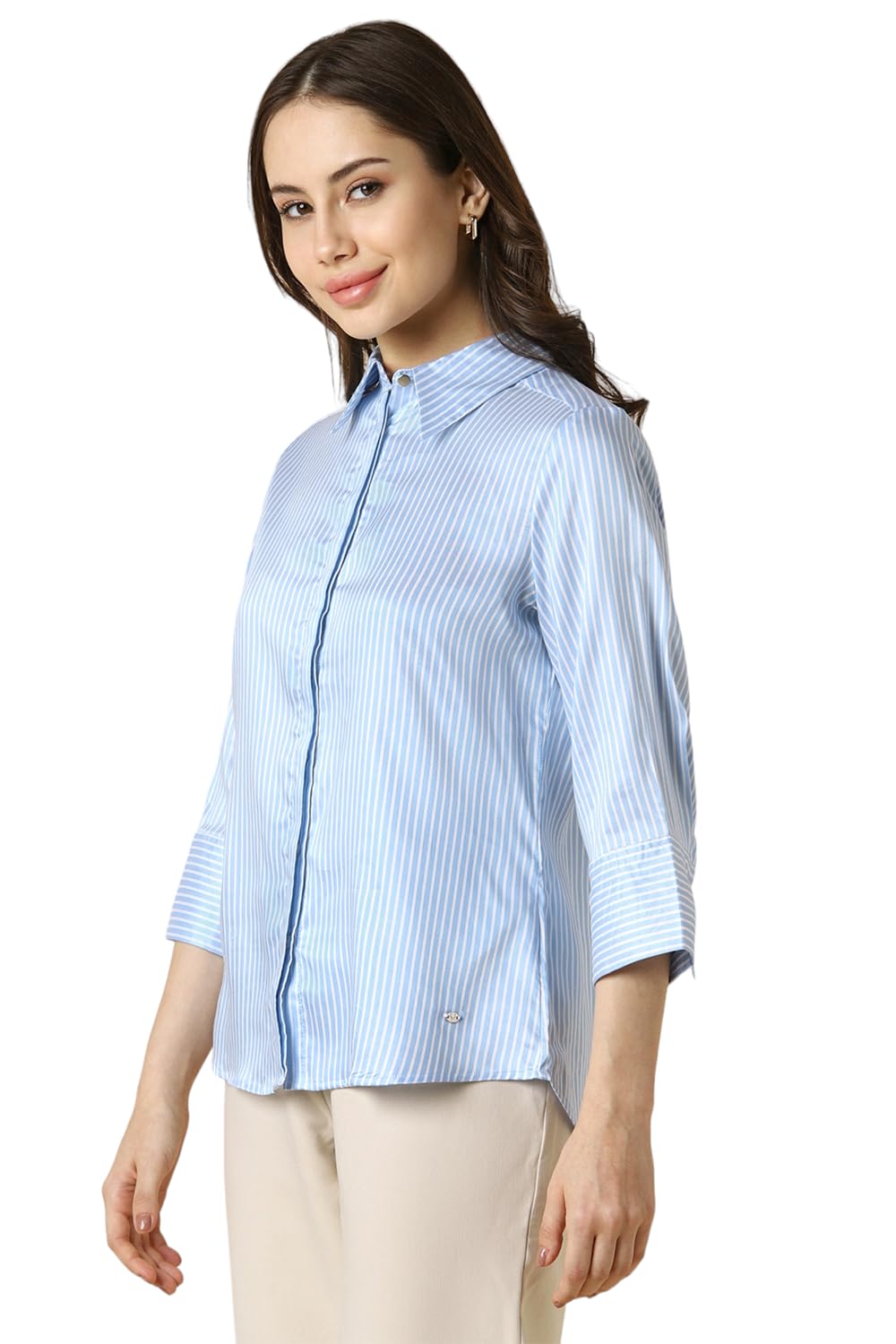 Allen Solly Women's Blue Striped Short Sleeve Casual Shirt