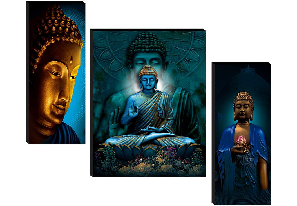 SAF paintings Set of 3 Sitting Religious Buddha UV Textured Home Decorative Gift Item Self Adeshive Painting 18 Inch X 12 Inch SANFJM31045, Multicolour