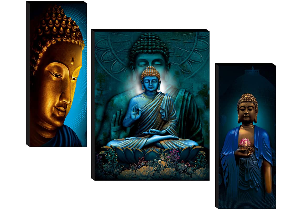 SAF paintings Set of 3 Sitting Religious Buddha UV Textured Home Decorative Gift Item Self Adeshive Painting 18 Inch X 12 Inch SANFJM31045, Multicolour