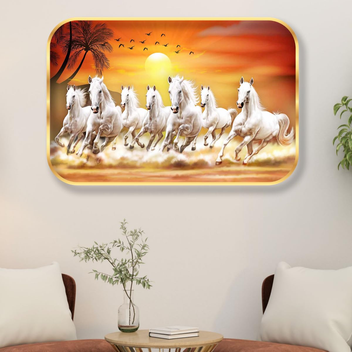 SAF 7 Running Horses at Sunrise Vastu Wall Painting with Frame - Sparkle Glossy Round Golden Framed Large Painting for Office, Living Room, Bedroom, Home Wall Decoration Animals Painting (Multicolour, SANFMG173, 18 x 12 inch)