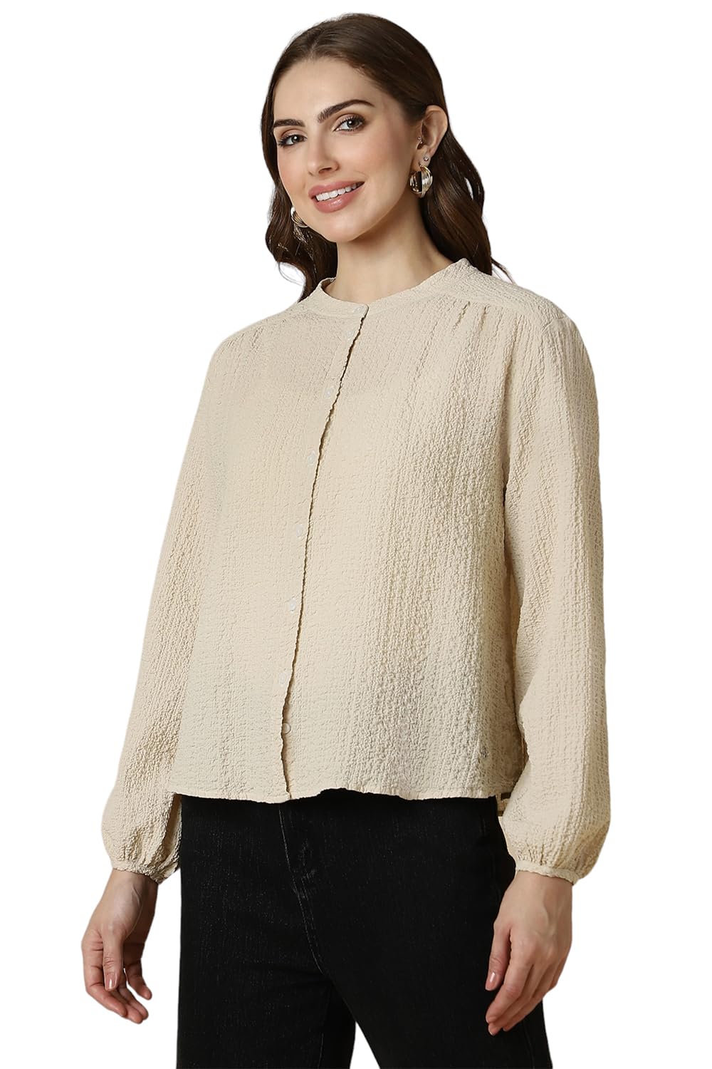Allen Solly Women's Beige Plain Long Sleeve Casual Shirt