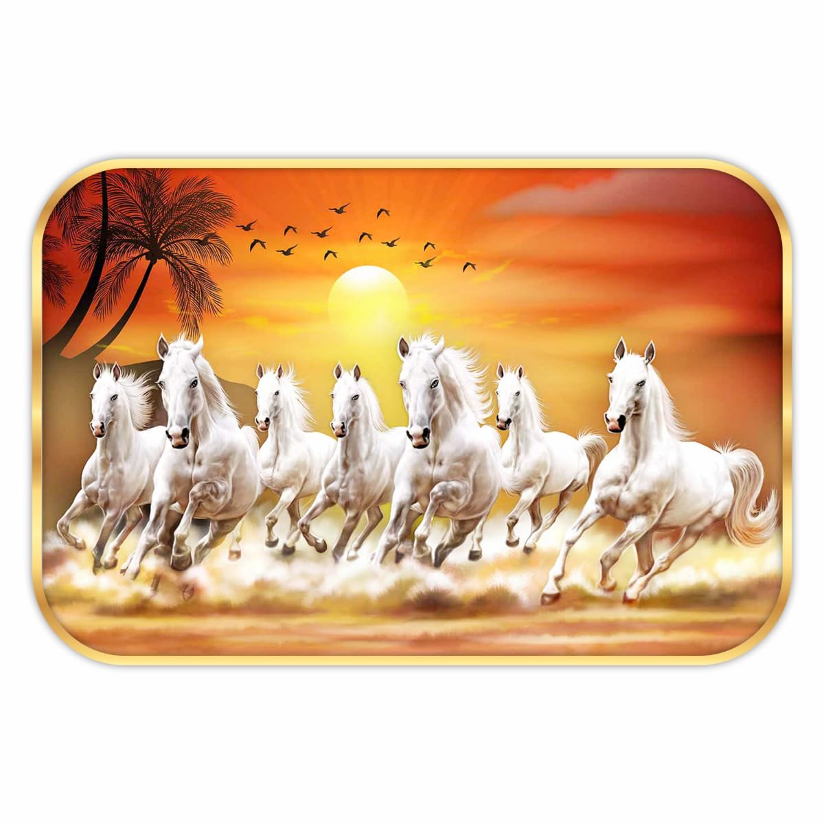 SAF 7 Running Horses at Sunrise Vastu Wall Painting with Frame - Sparkle Glossy Round Golden Framed Large Painting for Office, Living Room, Bedroom, Home Wall Decoration Animals Painting (Multicolour, SANFMG173, 18 x 12 inch)